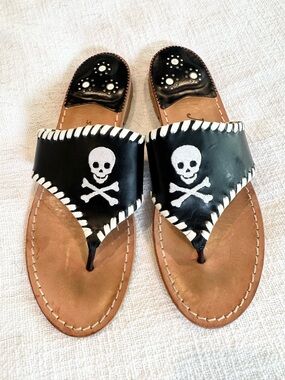 Jack Rogers Skull & Crossbones Leather Sandals 8.5 Black White Pirate Boho Indie